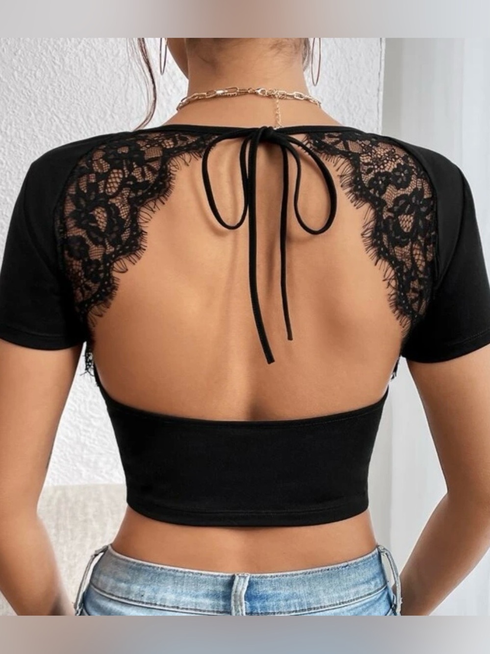 Y2K Grunge Gothic Lace Tie Floral Backless Black Fitted Crop Top T-Shirt Size XS